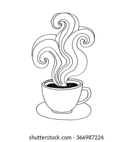 hand-drawn hot coffee cup, vector sketch, invitation, greeting card, menu