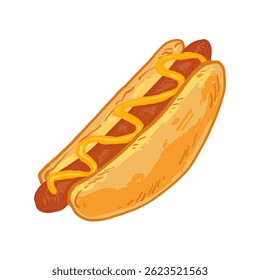 Hand-drawn hot dog with a grilled sausage in a bun, topped with mustard. Bright and colorful fast food illustration in cartoon style.