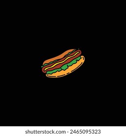 A hand-drawn hot dog with sausage and greens. Vector illustration. Hand drawn, not AI