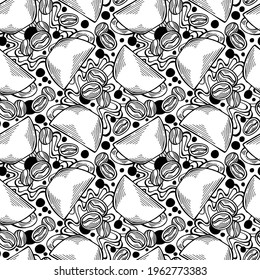 Hand-drawn hot drinks black and white seamless pattern with cappuccino, mugs and coffee beans. Cute drink wallpaper. Creative vector illustration