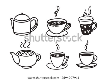 Hand-drawn hot drinks set with doodle-style on a white background. Includes coffee, tea, cappuccino, espresso, latte, americano, and hot chocolate. Vector illustration