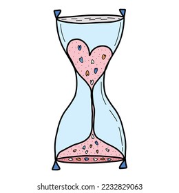 Hand-drawn hourglass with hearts for lovers. Design elements for Valentines Day. Vector