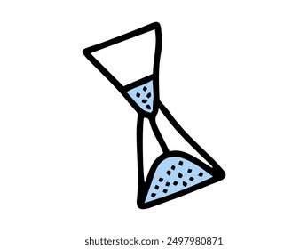 Hand-drawn hourglass icon with blue sand isolated on a white background. Concept of time management, deadlines, minimalistic style, and scheduling. Decorative element for design.