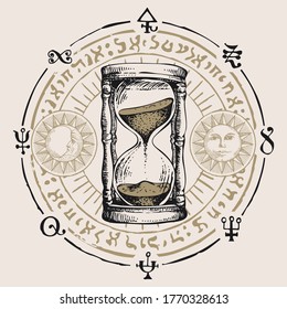 Hand-drawn Hourglass With Running Sand Inside In Retro Style. Vector Banner With A Sand Clock, Esoteric And Magic Symbols Written In A Circle. Glass Timer. Time And Caducity Of Life Concept.