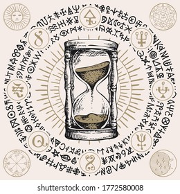 Hand-drawn hourglass with running sand inside in vintage style. Time and caducity of life concept. Vector banner with a sand clock, esoteric and magic symbols written in a circle. Glass timer.