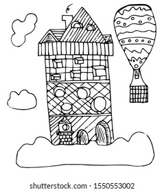 Hand-drawn house, clouds, balloon. Coloring book, vector doodle.