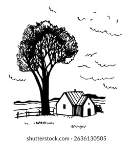 Casa desenhada à mão no campo. Ilustração de esboço vetorial