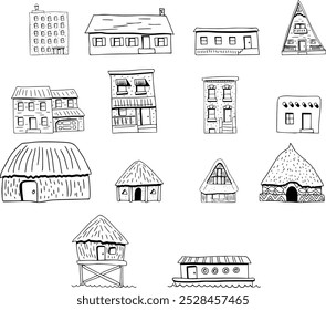 Hand-Drawn House and Hut Icon Set: Minimalist Home and Cottage Illustrations | Rustic and Urban Homes Icon Collection | Cottage and City Home Icon Set