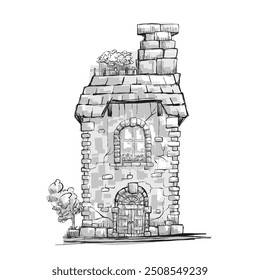 Ilustración de la casa dibujada a mano, boceto en blanco y negro, casa de piedra, arquitectura caprichosa, estilo medieval de construcción de fantasía, arte lineal detallado, hogar acogedor, diseño vintage aislado sobre fondo blanco