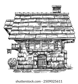 Hand-drawn house illustration, black and white sketch, stone cottage, whimsical architecture, fantasy building medieval style, detailed line art, cozy home, vintage design isolated on white background