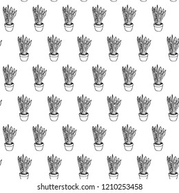 Handdrawn house plant in pot seamless pattern doodle icon. Hand drawn black sketch. Sign symbol. Decoration element. White background. Isolated. Flat design. Vector illustration.