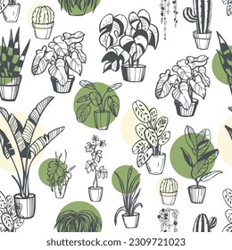 Hand-drawn house plants. Vector seamless pattern.