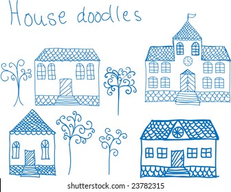 Hand-drawn house and tree doodles
