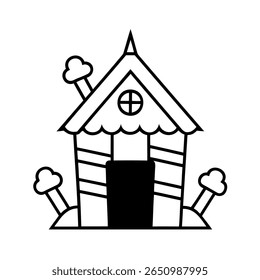 Handdrawn house with trees a circular window on a home building