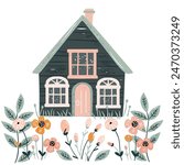 Hand-drawn house vector flat illustration. Colorful cozy building and flowers around it. Residential manor, cottage or villa