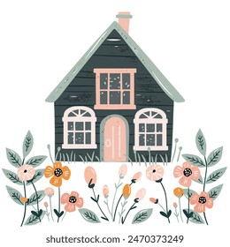 Hand-drawn house vector flat illustration. Colorful cozy building and flowers around it. Residential manor, cottage or villa