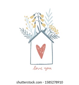 Handdrawn house and wildflowers. Wild flowers in a modern style. Flat illustration for home decor and textile.
