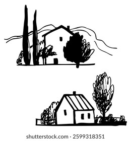 Hand-drawn  houses and trees.  Vector sketch illustration. 
