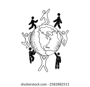 Hand-drawn human figures surrounding and interacting with a globe of the Earth.