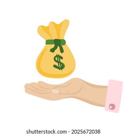 Hand-drawn Human Hand with Money bag. Isolated on white background. Symbol of wealth, success and good luck. Bank and Finance. Vector illustration.