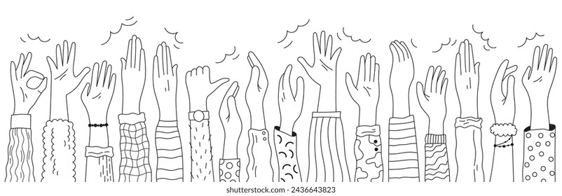 Handdrawn human hands raising up clapping, applause gesture, okey and thumbsup fun doodle. Greeting, welcome, congratulation, support, cheering and friendship appreciation vector illustration