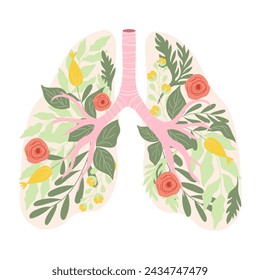 Handdrawn human lungs full of flowers and leaves in soft colors. No tobacco day vector concept.