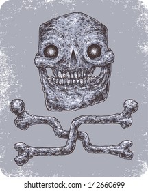 Hand-drawn human skull with crossed bones below.