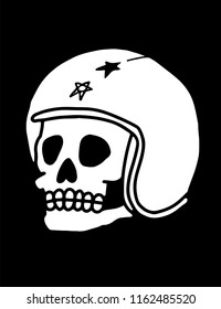 A hand-drawn human skull illustration with motorbike helmet