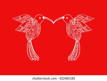  Hand-drawn humming-bird with ethnic doodle pattern. 
