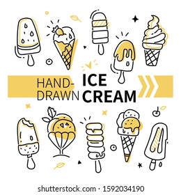 Hand-drawn ice cream collection - set of vector elements on white background. Silhouettes of tasty scoops, popsicle, fruit, stick, sugar cone and soft serve. Linear items, dessert and cafe theme