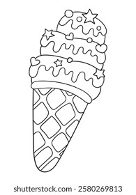 Hand-drawn ice cream coloring page in black and white. A delightful line art illustration of ice cream cones and desserts, ideal for printable coloring books and crafts.