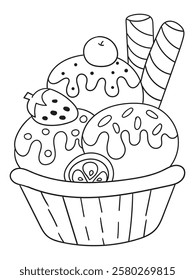 Hand-drawn ice cream coloring page in black and white. A delightful line art illustration of ice cream cones and desserts, ideal for printable coloring books and crafts.