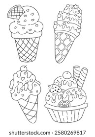 Hand-drawn ice cream coloring page in black and white. A delightful line art illustration of ice cream cones and desserts, ideal for printable coloring books and crafts.