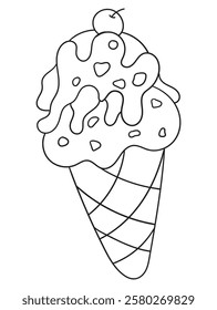 Hand-drawn ice cream coloring page in black and white. A delightful line art illustration of ice cream cones and desserts, ideal for printable coloring books and crafts.