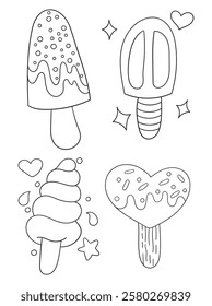 Hand-drawn ice cream coloring page in black and white. A delightful line art illustration of ice cream cones and desserts, ideal for printable coloring books and crafts.