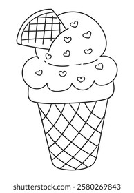 Hand-drawn ice cream coloring page in black and white. A delightful line art illustration of ice cream cones and desserts, ideal for printable coloring books and crafts.