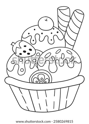 Hand-drawn ice cream coloring page in black and white. A delightful line art illustration of ice cream cones and desserts, ideal for printable coloring books and crafts.