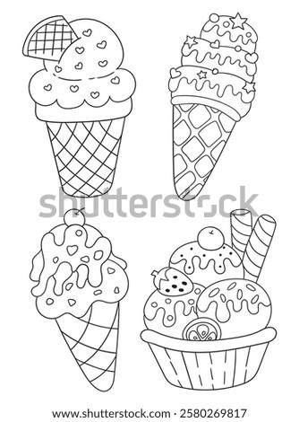 Hand-drawn ice cream coloring page in black and white. A delightful line art illustration of ice cream cones and desserts, ideal for printable coloring books and crafts.