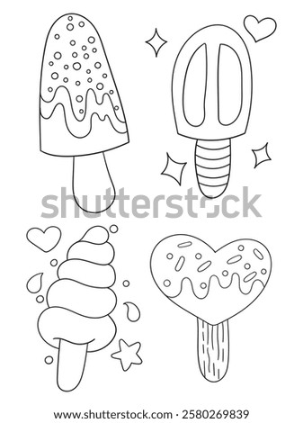 Hand-drawn ice cream coloring page in black and white. A delightful line art illustration of ice cream cones and desserts, ideal for printable coloring books and crafts.