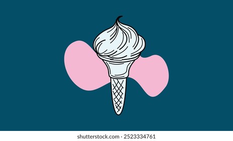 hand-drawn ice cream cone with artistically styled swirls, set against a dark teal background with a soft pink abstract shape.