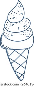 A hand-drawn ice cream cone with sprinkles in a simple line style. The sketch features a swirled top and a textured cone. Cartoon vector illustration.
