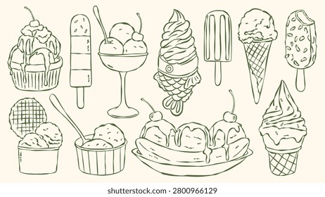 Hand-drawn ice cream dessert collection featuring sundae, popsicles, soft serve, banana split, waffle cone, gelato cup, and fish-shaped ice cream in vintage line art style