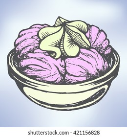 Hand-drawn ice cream dessert in a dish with a creamy rose on the top