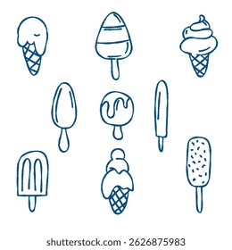 Hand-drawn ice cream doodle set background with blue lettering. Vector illustration featuring various ice cream cones and popsicles, perfect for summer designs, banners, and packaging.