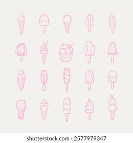 Hand-Drawn Ice Cream Icons Set in Pastel Pink for Design Projects. Perfect for branding, web design, stickers, or digital artwork with a playful and minimalist theme.