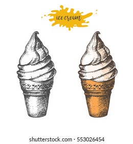 Hand-drawn ice cream isolated on white. Element for fast food menu. Vector object. Sketch, engraving