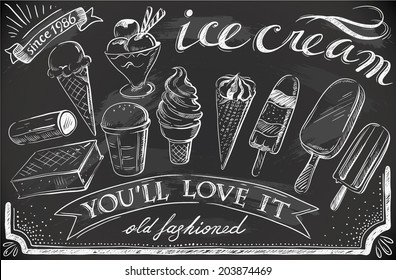 hand-drawn ice cream set on chalkboard