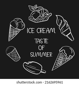 A hand-drawn ice cream set, outline style. Composition for summer cafe