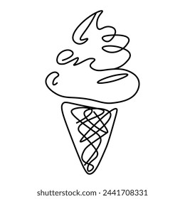Hand-drawn ice cream in a single line in black and white, featuring a cone with a creamy, sweet, rich, and fluffy texture