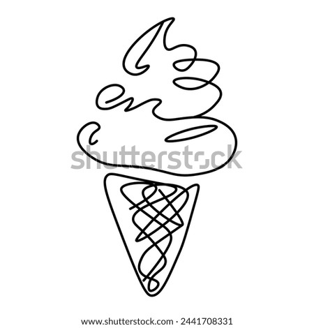Hand-drawn ice cream in a single line in black and white, featuring a cone with a creamy, sweet, rich, and fluffy texture